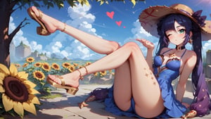 score_9, score_8_up, score_8_up, rating_safe, 4RCH0N, Expressiveh, ear piercings, cliff background, legs_crossed, looking at viewer, blowing kiss, one eye closed, heart blush, shiny skin, mona_(genshin_impact), genshin_impact, 1girl, black_hair, green_eyes, stockings, sundress, straw_hat, sandals, sunflowers, k1ss3s