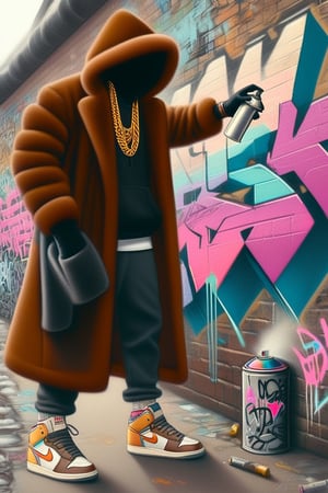 electricboogaloostyle, no face, solo, gloves, long sleeves, holding, jewelry, standing, full body, shoes, black gloves, socks, pants, hood, necklace, coat, chain, sneakers, hood up, wall, brown coat, hooded coat, graffiti, spray can