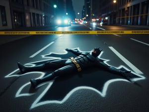 Batman lying dead in the middle of the road at night, a chalk outline around it's body as if it was a crime scene, wet road, flashing police lights, yellow police tape cordons the body, the bat signal illuminates the sky.