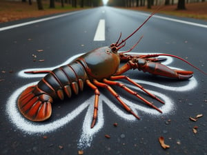 A lobster lying dead in the middle of the road, a chalk outline around it's body as if it was a crime scene