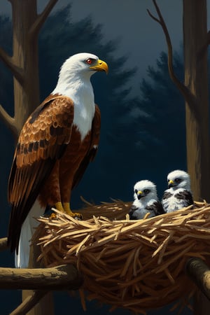 An EdwardH0pp3r style oil on canvas depicting a white-tailed eagle perched on the edge of its nest, looking away from the two baby eagles. It is winter and the cold dark woodland is a maze of shadow. The birds are starving.