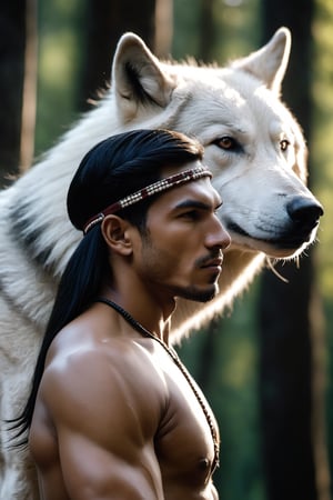 Cinematic of handsome Native Americans, Tribal warrior, brown_skin:1.2, realistic skin, long black hair, dressed in typical tribal warrior clothing, realistic muscle, (Indian hat) | (((Giant powerful White Wolf from behind))), the wolf is bigger than the man, Cinematographic, In the middle of a deep and dark forest. Leonardo Style, realistic film shot in natural light, best quality, 8k, detailed hand, detailed finger, high detail, accessory details, cover_foot, Film Still, (Depth of field:1.3), Bokeh light, glowing,male, full_body