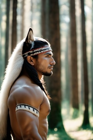 Cinematic of handsome Native Americans, Tribal warrior, brown_skin:1.2, realistic skin, long black hair, dressed in typical tribal warrior clothing, realistic muscle, (Indian hat) | (((Giant powerful White Wolf from behind))), the wolf is bigger than the man, Cinematographic, In the middle of a deep and dark forest. Leonardo Style, realistic film shot in natural light, best quality, 8k, detailed hand, detailed finger, high detail, accessory details, cover_foot, Film Still, (Depth of field:1.3), Bokeh light, glowing,male, ((full_body shot)), look straight ahead