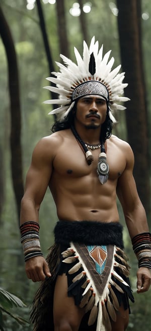 ((Cinematic of handsome Aztec King)), Tribal warrior, murderous facial expression, big_muscle, feather hat, (((huge white wolf is looking viewer))), realistic skin, Cinematographic frame, filmed by Guillermo del Toro, In the middle of a deep and dark forest, long black hair, dressed in typical tribal warrior clothing, loincloths of dry leaves trivial ornaments, sparkle, glimmering behind the trees, realistic film shot in natural light, best quality, 8k, village lost in the jungle, brown_skin:1.2, 6000, detailed hand, detailed finger, high detail, accessory details, cover_foot, Film Still, (Depth of field:1.4), Bokeh light, glowing