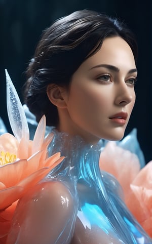 the frozen human body, ((full body)), body wrapped in a translucent cocoon, nature, subsurface scattering, transparent, translucent skin, glow, bloom, Bioluminescent liquid,3d style,cyborg style,Movie Still,Leonardo Style, warm color, vibrant, volumetric light, naked, nudity, hard nippels,xxmix_girl,Monica Bellucci, Bio environment, realistic skin:1.5, Coral,dfdd, translucent blooms