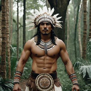 ((Cinematic of handsome Aztec King)), Tribal warrior, murderous facial expression, big_muscle, feather hat, ((huge white wolf is looking viewer)), realistic skin, Cinematographic frame, filmed by Guillermo del Toro, In the middle of a deep and dark forest, long black hair, dressed in typical tribal warrior clothing, loincloths of dry leaves trivial ornaments, sparkle, glimmering behind the trees, realistic film shot in natural light, best quality, 8k, village lost in the jungle, brown_skin:1.2, 6000, detailed hand, detailed finger, high detail, accessory details, cover_foot, Film Still, (Depth of field:1.4), Bokeh light, glowing