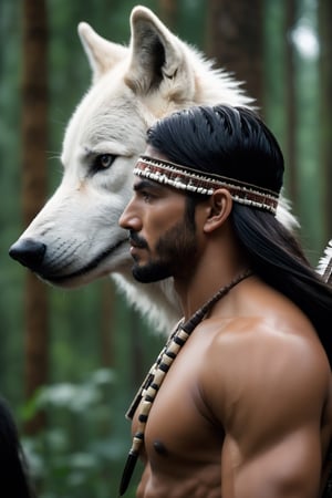 Cinematic of handsome Aztec King, Tribal warrior, brown_skin:1.2, realistic skin, long black hair, dressed in typical tribal warrior clothing, hunting, realistic muscle, (feather hat) | (((Giant powerful White Wolf from behind))), the wolf is bigger than the man, Cinematographic frame, In the middle of a deep and dark forest. Leonardo Style, realistic film shot in natural light, best quality, 8k, detailed hand, detailed finger, high detail, accessory details, cover_foot, Film Still, (Depth of field:1.3), Bokeh light, glowing,male