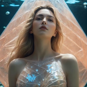 (in Egypt), (Pyramid behind), the frozen human body, ((full body)), body wrapped in a translucent cocoon, blonde_hair, nature, subsurface scattering, transparent, translucent skin, glow, bloom, Bioluminescent liquid,3d style,cyborg style,Movie Still,Leonardo Style, warm color, vibrant, volumetric light, naked, nudity, hard nippels, xxmix_girl, Monica Bellucci, Bio environment, realistic skin:1.5, Coral,dfdd, translucent blooms, aw0k, looking at viewer, underwater, air bubble, Floating:1.5,