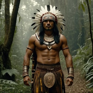 ((Cinematic of handsome Aztec King)), Tribal, Indian warrior, cool_man, feather hat, ((huge white wolf is looking viewer)) Cinematographic frame, filmed by Guillermo del Toro, In the middle of a deep and dark forest, long black hair, dressed in typical tribal warrior clothing, loincloths of dry leaves trivial ornaments, sparkle, glimmering behind the trees, realistic film shot in natural light, best quality, 8k, village lost in the jungle, brown_skin:1.2, 6000, detailed hand, detailed finger, cover_foot, Film Still, (Depth of field:1.4)