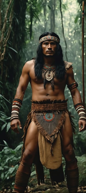 ((Cinematic of Aztec warrior)), Tribal headman, Cinematographic frame, filmed by Guillermo del Toro, In the middle of a deep and dark forest, a pre-Columbian indigenous man from the tribes of the South American missionary jungle appears: with long black hair dressed in typical clothing of him culture, wearing loincloths of dry leaves trivial ornaments, realistic film shot in natural light best quality 8k village lost in the jungle, shaman, brown_skin:1.2, ((huge white wolf behind)), 6000, detailed hand, detailed finger, cover_foot, Film Still