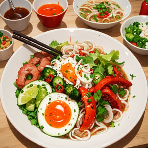 food, food focus, a pho bowl with vegetables on a plate, hot sauce, 