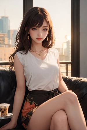 realistic, (masterpiece, best quality:1.2), beautiful and aesthetic, hires, bokeh, depth of field, HDR, godray, golden hour, (dusk),
1girl, sitting in a cafe, boba milk tea, smiling,
Long hairs, glossy coral lips, brunette, brown eyes,