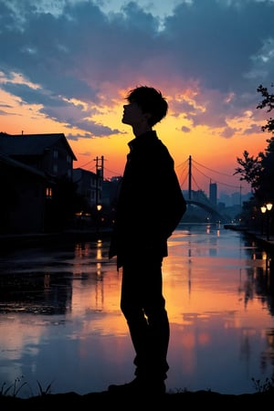nighttime, dark sky, (silhouette:1.3), 1boy, looking at the sky, (raining), bridge, river,