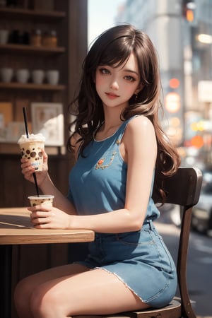 realistic, (masterpiece, best quality:1.2), beautiful and aesthetic, hires, bokeh, depth of field, HDR, godray, golden hour, (dusk),
1girl, sitting in a cafe, boba milk tea, smiling,
Long hairs, glossy coral lips, brunette, brown eyes,