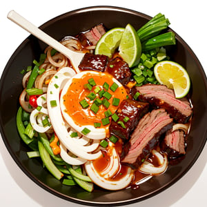 food, food focus, a pho bowl with vegetables on a plate, brisket, hot sauce, spring onion, pepper,