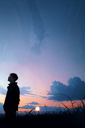 nighttime, dark, (silhouette:1.3), 1boy, looking at the sky, ((rain)), sad,