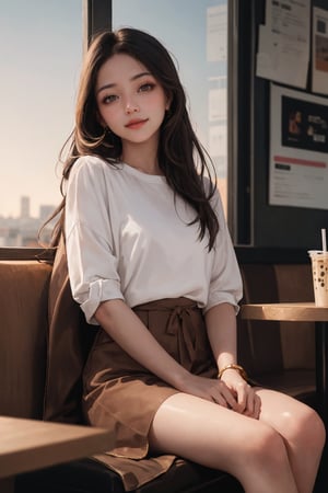 realistic, (masterpiece, best quality:1.2), beautiful and aesthetic, hires, bokeh, depth of field, HDR, godray, golden hour, (dusk),
1girl, sitting in a cafe, boba milk tea, smiling,
Long hairs, glossy coral lips, brunette, brown eyes,