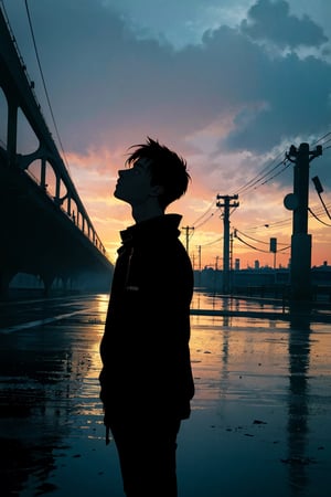 nighttime, dark, (silhouette:1.3), 1boy, looking at the sky, (raining), bridge, river,