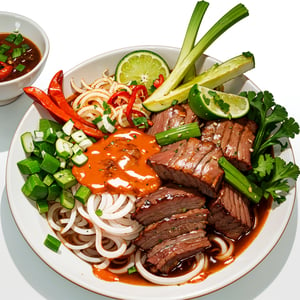 food, food focus, a pho bowl with vegetables on a plate, brisket, hot sauce, spring onion, pepper,