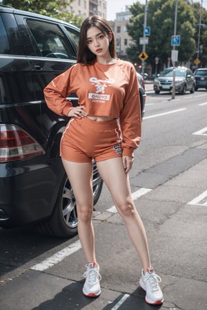 1girl, Oversized sweatshirt, biker shorts, and sneakers, posing for a picture, professional photoshoot,
brunette, long hair, huge breasts, wide hips, glossy coral lips, seductive,