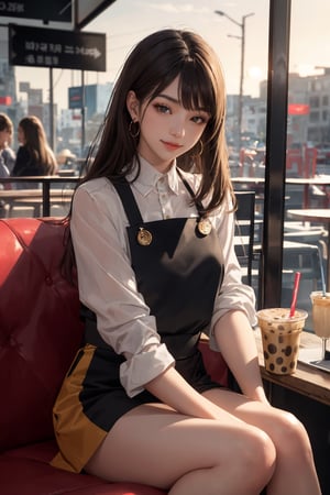 realistic, (masterpiece, best quality:1.2), beautiful and aesthetic, hires, bokeh, depth of field, HDR, godray, golden hour, (dusk),
1girl, sitting in a cafe, boba milk tea, smiling,
Long hairs, glossy coral lips, brunette, brown eyes,