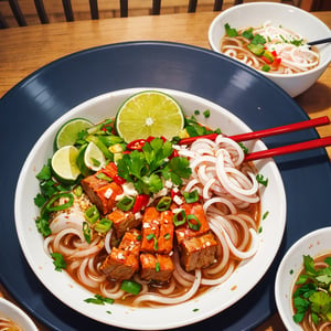 food, food focus, a pho bowl with vetables on a plate, hot sauce, 