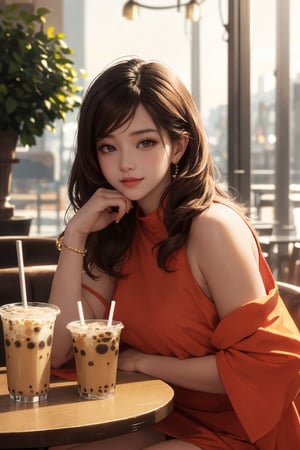 realistic, (masterpiece, best quality:1.2), beautiful and aesthetic, hires, bokeh, depth of field, HDR, godray, golden hour, (dusk),
1girl, sitting in a cafe, boba milk tea, smiling,
Long hairs, glossy coral lips, brunette, brown eyes,