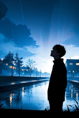 nighttime, dark sky, (silhouette:1.3), 1boy, looking at the sky, (raining), bridge, river,