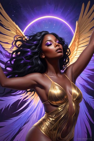 Concept painting in the styles of james bullough,WLOP and trending artgerm A majestic black woman with silky dark hair flows like night sky, embellished with regal purple feathers. Her wingspan unfurls, a symphony of darkness and light, as she gazes upward, her expression serene, transcendent. Golden hues radiate from behind, imbuing the scene with celestial mystique.