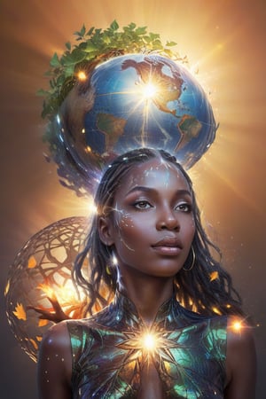 Best quality, high-res, An African woman's mind is ignited with a brilliant spark of inspiration, the light of inner living radiating to the world, a globe in the background and leaves in the foreground, rendered in a stylistic and detailed illustration, prismatic, neuron art, illuminated, photorealistic
