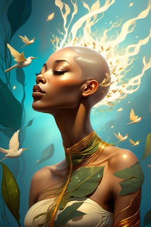 Best quality, high-res, A shaved head African Goddess side profile blowing a kiss, ignited with a brilliant spark of creation, the light of inner living radiating to the world, birds in the background and  in the foreground blowing leaves, rendered in a stylistic and detailed illustration, prismatic, neuron art, illuminated, photorealistic