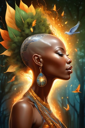 Best quality, high-res, A shaved head African Goddess side profile blowing a kiss, ignited with a brilliant spark of creation, the light of inner living radiating to the world, birds in the background and  in the foreground blowing leaves, rendered in a stylistic and detailed illustration, prismatic, neuron art, illuminated, photorealistic