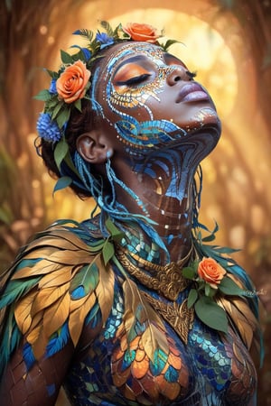 A mystical convergence of art and nature: A black woman, her skin a canvas of intricate mosaic-like patterns in blues and oranges, eyes closed as if communing with the divine, wears a verdant crown adorned with Peacock feathers and white flowers - red roses and yellow blooms - amidst a warm, golden glow. Framed by lush foliage, she gazes upwards, lost in reverie.