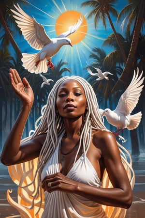 Concept painting in the styles of james bullough,WLOP and trending artgerm An black elderly African woman with white long dreadlocks baptizing a 25 year old bald head black woman in the sun light mystical background white doves 