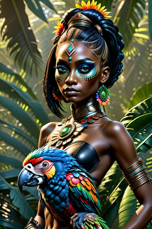 Tropicalpunk indigenous ebony alien queen of the jungle , by Callie Fink and Mary Katrantzou, with her macaw, photorealistic, jungle background, tropical flowers, fiery eyes, ultra photoreal, dinamic pose, detailed hair texture, ultra photoreal, photography with, Natural Lighting, Beautiful Lighting, accent lighting, Post Processing, insanely detailed and intricate, watercolored pencil
,detailmaster2,photo r3al,oni style