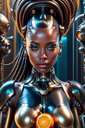 there is a digital image of a beautiful African American woman with orange balls in her hair, portrait of a female android, an image of a beautiful cyborg, portrait of female android, intricate transhuman, cybernetic machine female face, portrait of female humanoid, portrait of a futuristic robot, cyborg - girl, beautiful cyberpunk girl face, integrated synthetic android, cyborg woman, in the style of realistic hyper-detailed portraits, flawless line work, airbrush art, harlem renaissance, beautiful Black women, limited color range
 Dark Gold tribal face with Tribal on it, in the style of futuristic space elements Scorn glamour, animated gifs, stefan gesell, algorithmic artistry, android jones, tim hildebrandt, pop art with a dark sine of the moon Scorn Hr Giger 