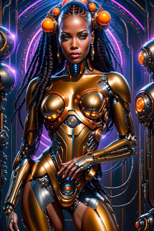 There is a digital image of a beautiful African American woman with orange balls in her hair, portrait of a female android, a photo of a beautiful cyborg, portrait of female android, intricate transhuman, cybernetic machine female face, picture of female humanoid, a a portrait of a futuristic robot, cyborg - girl, beautiful cyberpunk girl face, integrated synthetic android, cyborg woman, in the style of realistic hyper-detailed portraits, flawless line work, airbrush art, harlem renaissance, beautiful Black women, limited color range
 Dark Gold tribal face with Tribal on it, in the style of futuristic space elements, Scorn glamour, animated gifs, Stefan Gesell, algorithmic artistry, android Jones, Tim Hildebrandt, pop art with a dark side of the moon Scorn HR Giger 