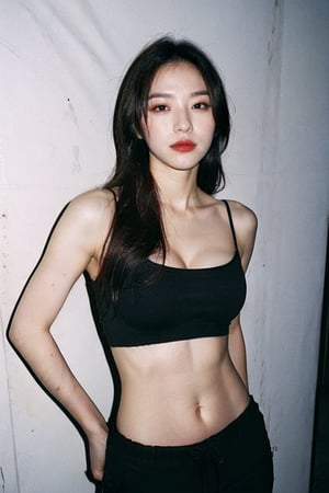 1girl,  highres hip up photo, (busty) slender pale Korean girl K-pop idol, long hair, wearing stylish ((black sleek outfit showing sexy midriff and extended absolute cleavage)),  instagram model,  50mm, flash photography,  real life, cute face, happy_face, ((sexy flat tummy, large breasts)), seductive teasing expression 