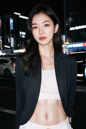 1girl,  highres hip up photo, slender pale Korean girl K-pop idol, long hair, wearing stylish sleek blazer business suit showing sexy midriff,  instagram model,  50mm, flash photography,  real life, cute face, happy_face, sexy tummy