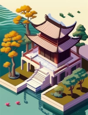 isometric, bird, isometric building, scenery, stairs, tree, water

