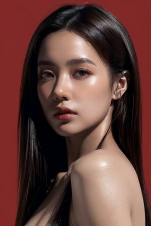 (masterpiece, best quality, highres:1.1, photorealistic:1.2), ultra resolution image, (realistic, realistic skin texture:1.2), a 20 yo woman, long hair, dark theme, soothing tones, muted colors, high contrast, (natural skin texture, hyperrealism, soft light, sharp), red background, simple background
