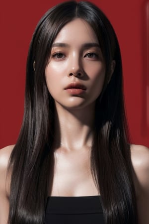 (masterpiece, best quality, highres:1.1, photorealistic:1.2), ultra resolution image, (realistic, realistic skin texture:1.2), a 20 yo woman, long hair, dark theme, soothing tones, muted colors, high contrast, (natural skin texture, hyperrealism, soft light, sharp), red background, simple background