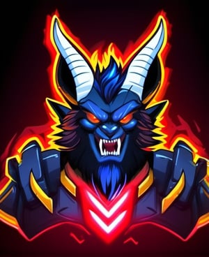 1boy, black background, fangs, glowing, glowing eyes, horns, looking at viewer, male focus, mascot logo, no humans, open mouth, portrait, red eyes, solo, teeth
