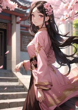 masterpiece, best quality1girl, black hair, blurry, blurry background, brown hair, chinese clothes, closed mouth, dress, earrings, facial mark, falling petals, flower, forehead mark, from side, hair ornament, holding, holding flower, jewelry, long hair, long sleeves, looking at viewer, petals, pink dress, solo, stairs, upper body