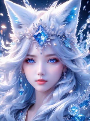 masterpiece, best quality, official art, extremely detailed cg 8k wallpaper, (flying petals) (detailed ice) , crystals texture skin, cold expression, ((fox ears)), white hair, long hair, messy hair, blue eye, looking at viewer, extremely delicate and beautiful, water, ((beauty detailed eye)), highly detailed, cinematic lighting, ((beautiful face), fine water surface, (original figure painting), ultra- detailed, incredibly detailed, (an extremely delicate and beautiful), beautiful detailed eyes, (best quality)
