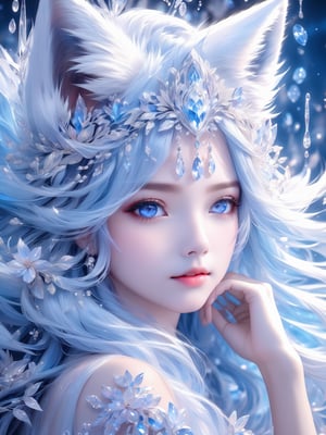 masterpiece, best quality, official art, extremely detailed cg 8k wallpaper, (flying petals) (detailed ice) , crystals texture skin, cold expression, ((fox ears)), white hair, long hair, messy hair, blue eye, looking at viewer, extremely delicate and beautiful, water, ((beauty detailed eye)), highly detailed, cinematic lighting, ((beautiful face), fine water surface, (original figure painting), ultra- detailed, incredibly detailed, (an extremely delicate and beautiful), beautiful detailed eyes, (best quality)
