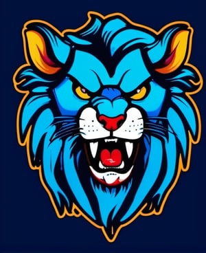 blue background, blue theme, fangs, lion, looking at viewer, mascot logo, no humans, open mouth, solo, teeth, tongue