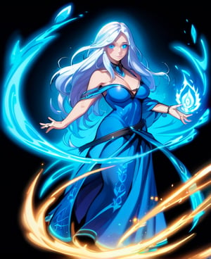 1girl, black background, blue eyes, blue skin, blue theme, breasts, casting spell, colored skin, dress, glowing, long hair, looking at viewer, medium breasts, simple background, solo, white hair