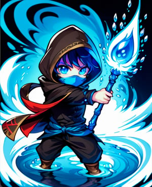 1boy, blue eyes, casting spell, chibi, hood, male focus, mask, solo, staff, water, weapon