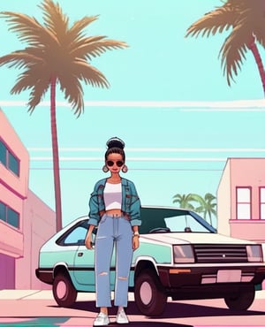 1girl, aesthetic, building, car, city, collared shirt, denim, earrings, ground vehicle, jacket, jeans, jewelry, midriff, motor vehicle, navel, outdoors, palm tree, pants, road, shirt, short hair, solo, standing, sunglasses, tree, vehicle focus
